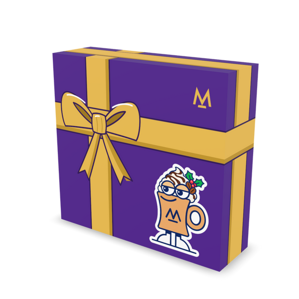 Hot Chocolate Gift Box – purple gift box with gold ribbon, three-quarter view