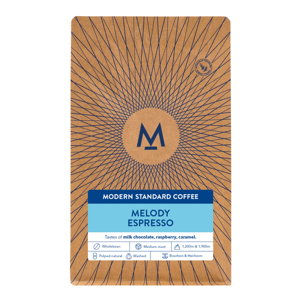 Melody Espresso coffee bag, front label with tasting notes