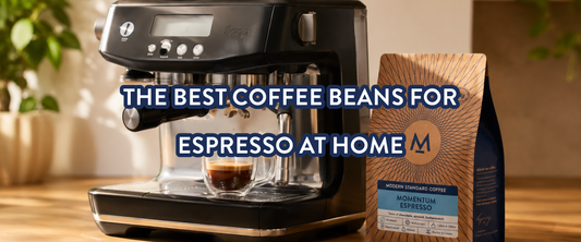 Momentum Espresso bag beside a home espresso machine, titled The best coffee beans for espresso at home