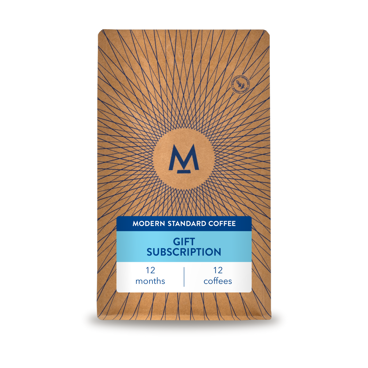 12 month gift subscription: a Modern Standard Coffee bag with a blue gift subscription label, 12 months, 12 coffees