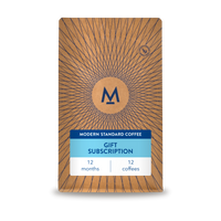 12 month gift subscription: a Modern Standard Coffee bag with a blue gift subscription label, 12 months, 12 coffees