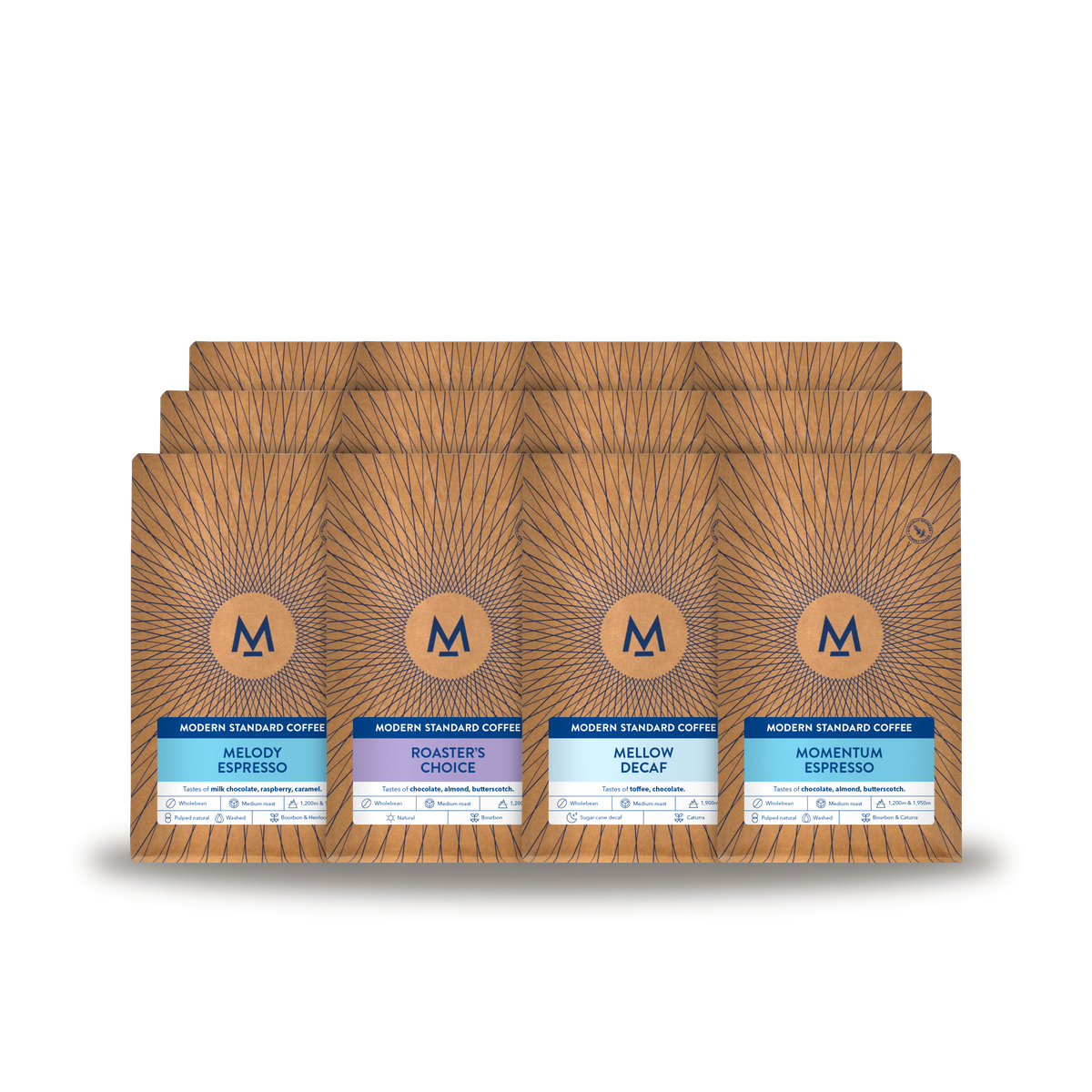 Twelve bags of Modern Standard Coffee, one for each month of the gift