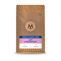 3 month gift subscription: a Modern Standard Coffee bag with a pink gift subscription label, 3 months, 3 coffees