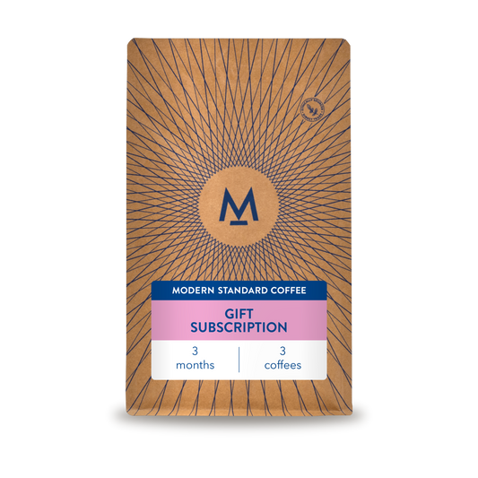 3 month gift subscription: a Modern Standard Coffee bag with a pink gift subscription label, 3 months, 3 coffees