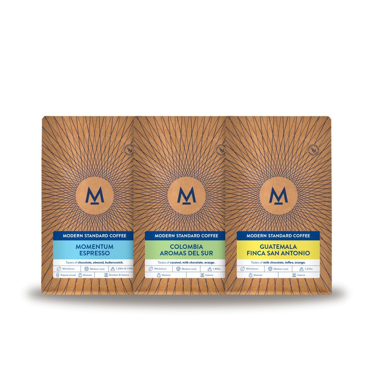 Three bags of Modern Standard Coffee, one for each month of the gift