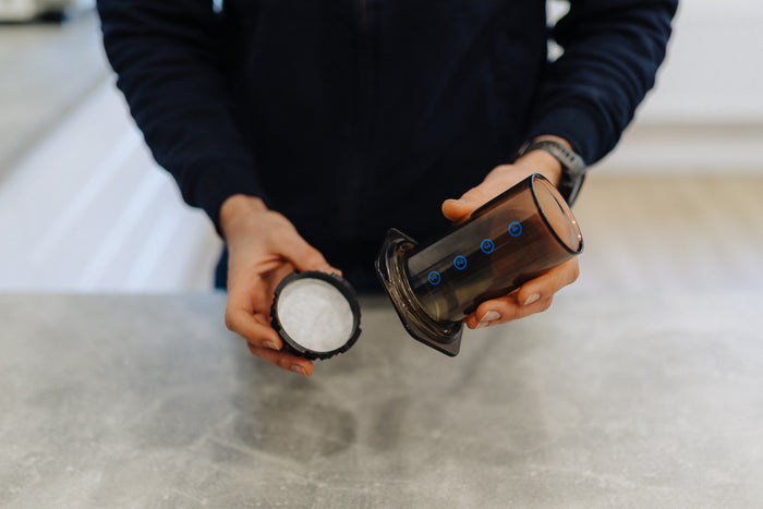 An AeroPress assembled upside down