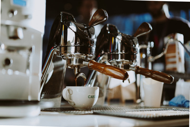 Modbar espresso taps and wooden-handled portafilters at the Channel 4 coffee bar
