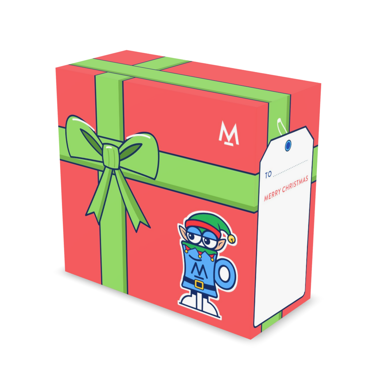 Christmas Coffee in free gift wrap: Elf Mo red gift box with green ribbon, three-quarter view | Modern Standard Coffee