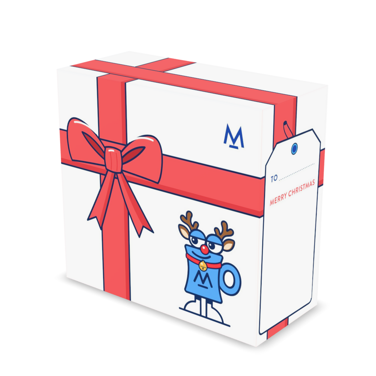 Christmas Coffee in free gift wrap: Rudolph Mo white gift box with red ribbon, three-quarter view | Modern Standard Coffee
