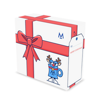 Christmas Coffee in free gift wrap: Rudolph Mo white gift box with red ribbon, three-quarter view | Modern Standard Coffee
