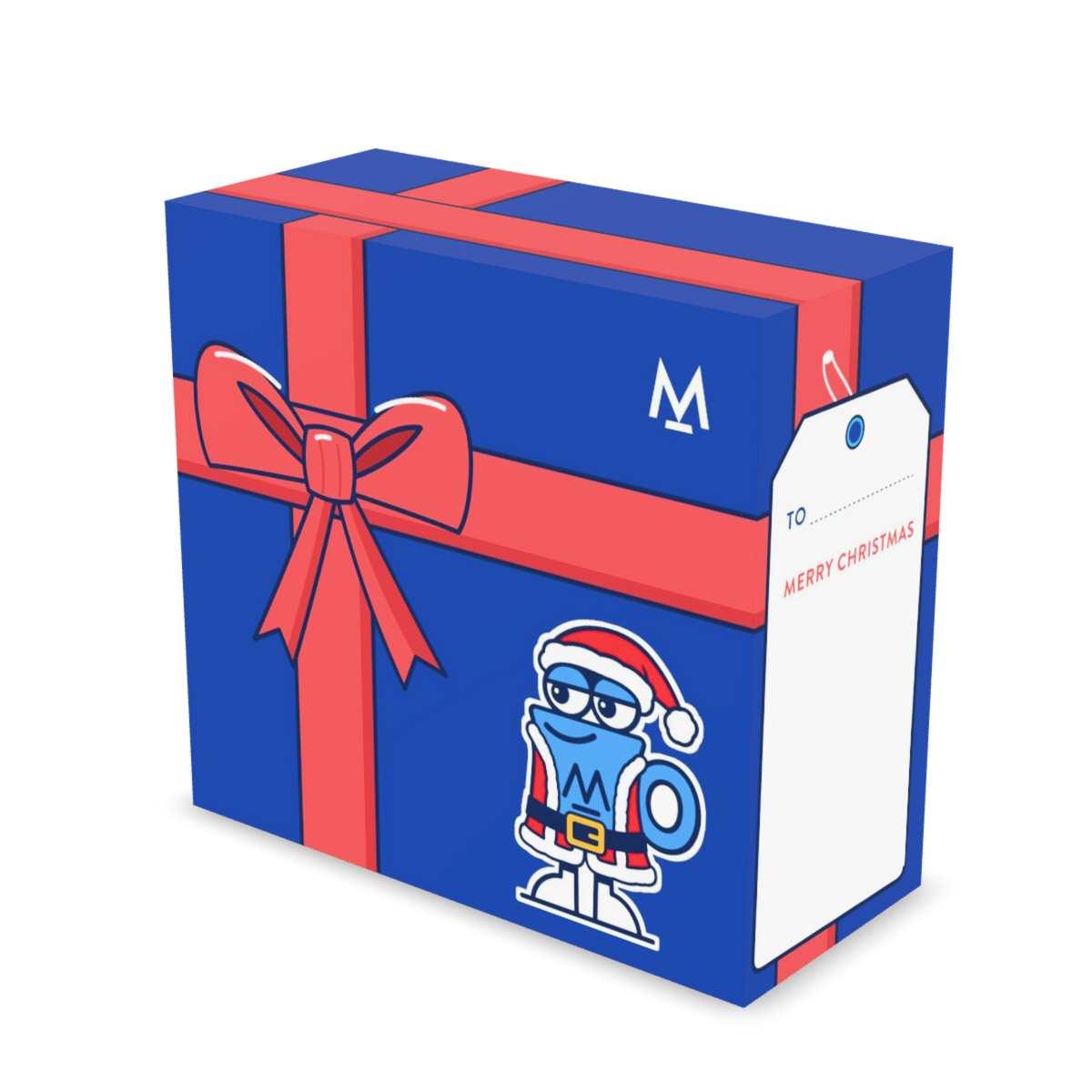 Christmas Coffee in free gift wrap: Santa Mo navy gift box with red ribbon, three-quarter view | Modern Standard Coffee