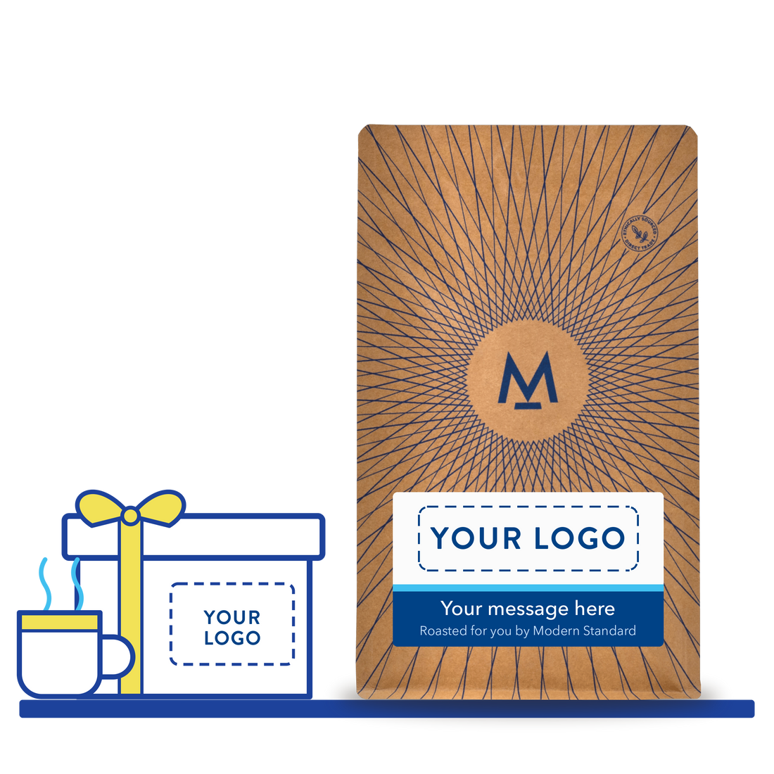 Corporate coffee gifts: a gift box printed with your logo beside a Modern Standard coffee bag with a branded label