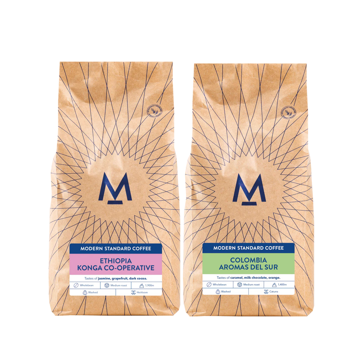 Mix & Match 1kg: Konga Co-operative Ethiopia and Aromas del Sur Colombia bags
