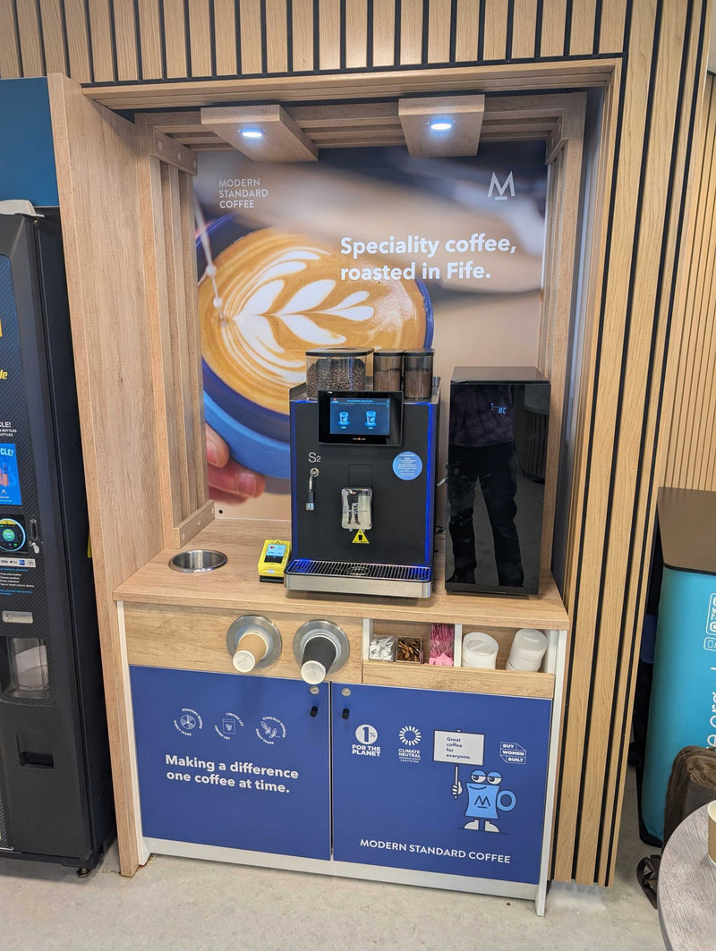 A Modern Standard Coffee self-serve bean-to-cup coffee station at a Fife Leisure venue