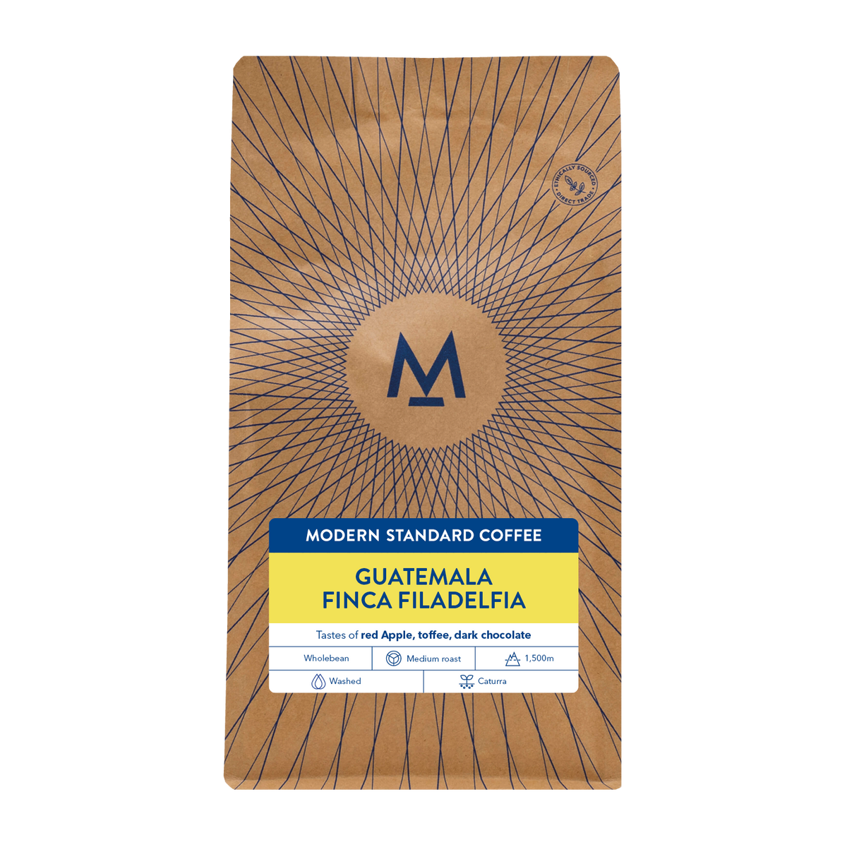 Finca Filadelfia Guatemala coffee in a flat-bottomed kraft bag