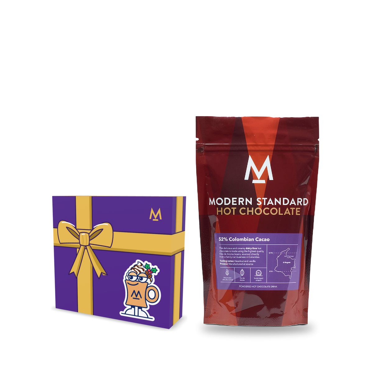 Hot Chocolate Gift Box – purple gift box with the 200g bag of 52% Colombian hot chocolate that comes inside