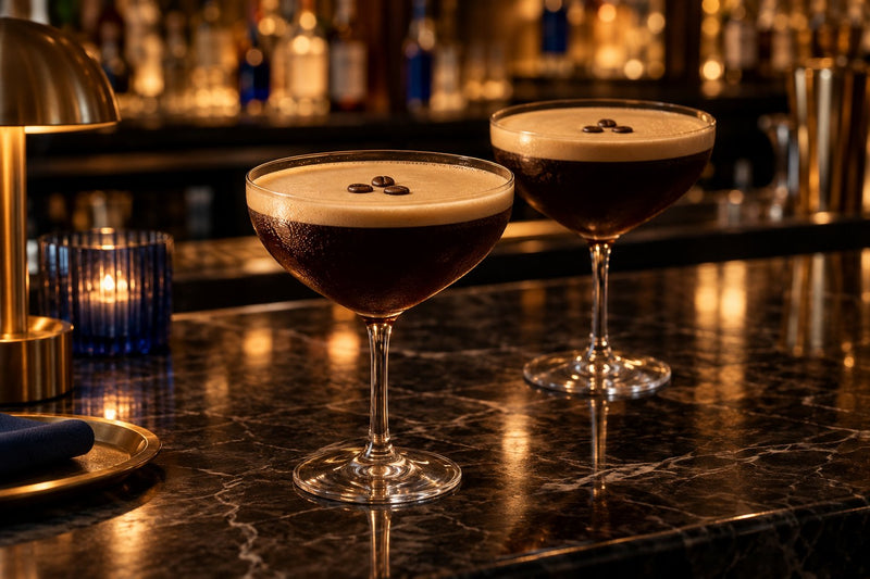 Two espresso martinis on a marble hotel bar