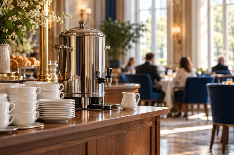 A coffee urn and cups on a hotel breakfast buffet
