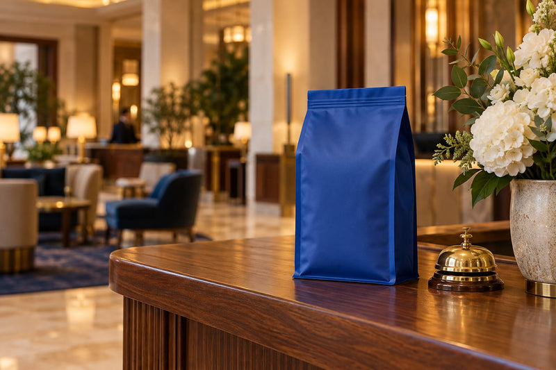 A blue coffee bag on a hotel reception desk