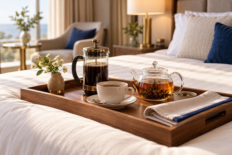 A tray with a cafetière, coffee cup and teapot on a hotel bed