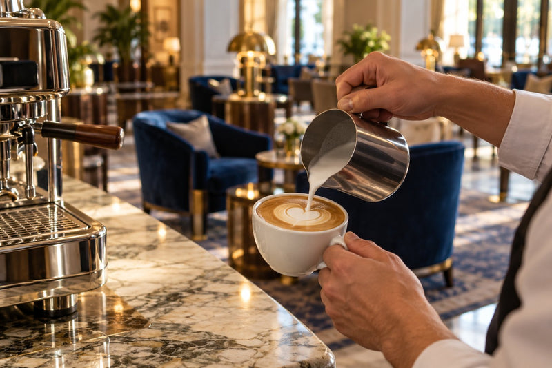 A barista pouring latte art in a hotel lobby lounge