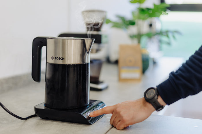 A kettle and cafetière ready to brew