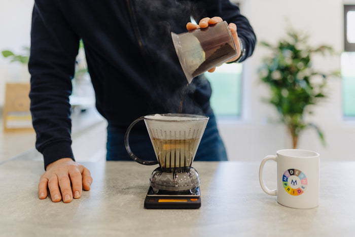 Adding ground coffee to the Clever Dripper on scales