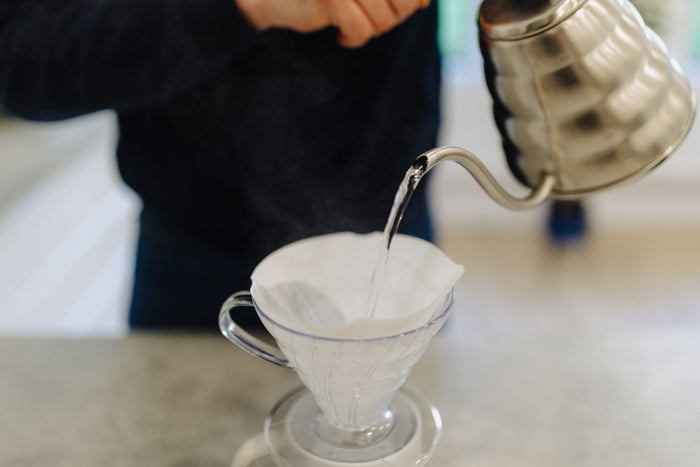 Rinsing a paper filter in a V60 with hot water
