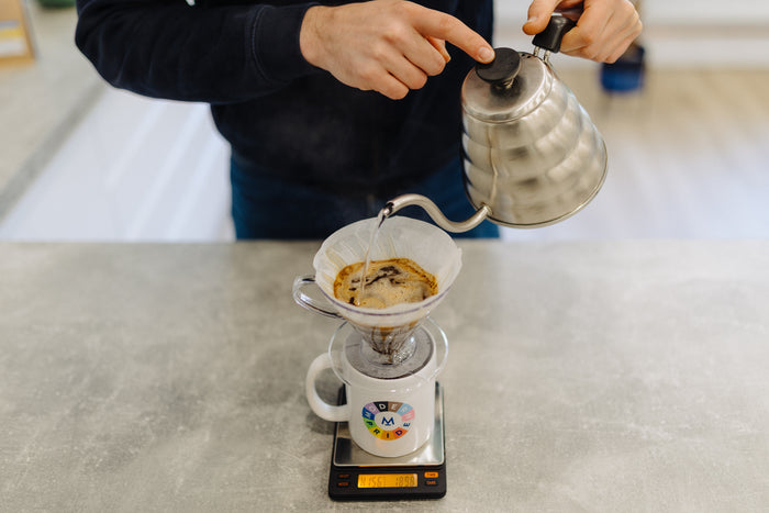 Pouring water in a spiral over the coffee bed
