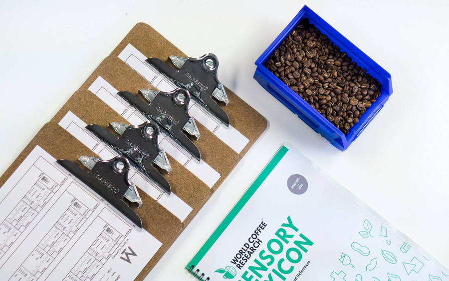 Cupping score sheets on clipboards beside a Sensory Lexicon and a tray of roasted coffee beans