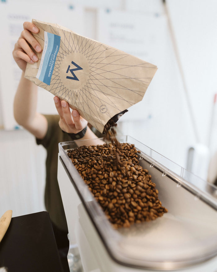 Freshly roasted beans being poured into a Modern Standard coffee bag