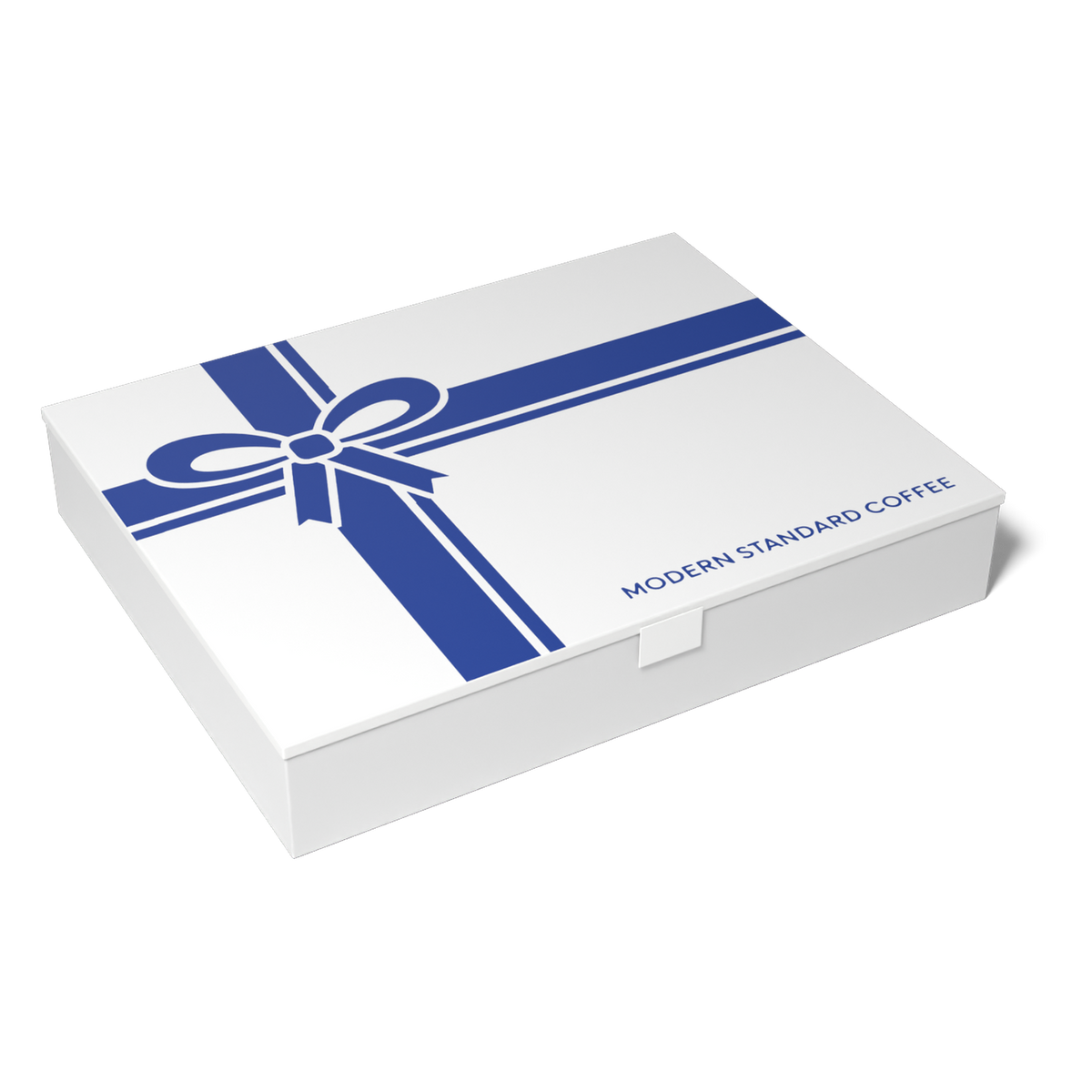 Modern Standard Coffee gift card box, closed, with a blue ribbon-and-bow lid