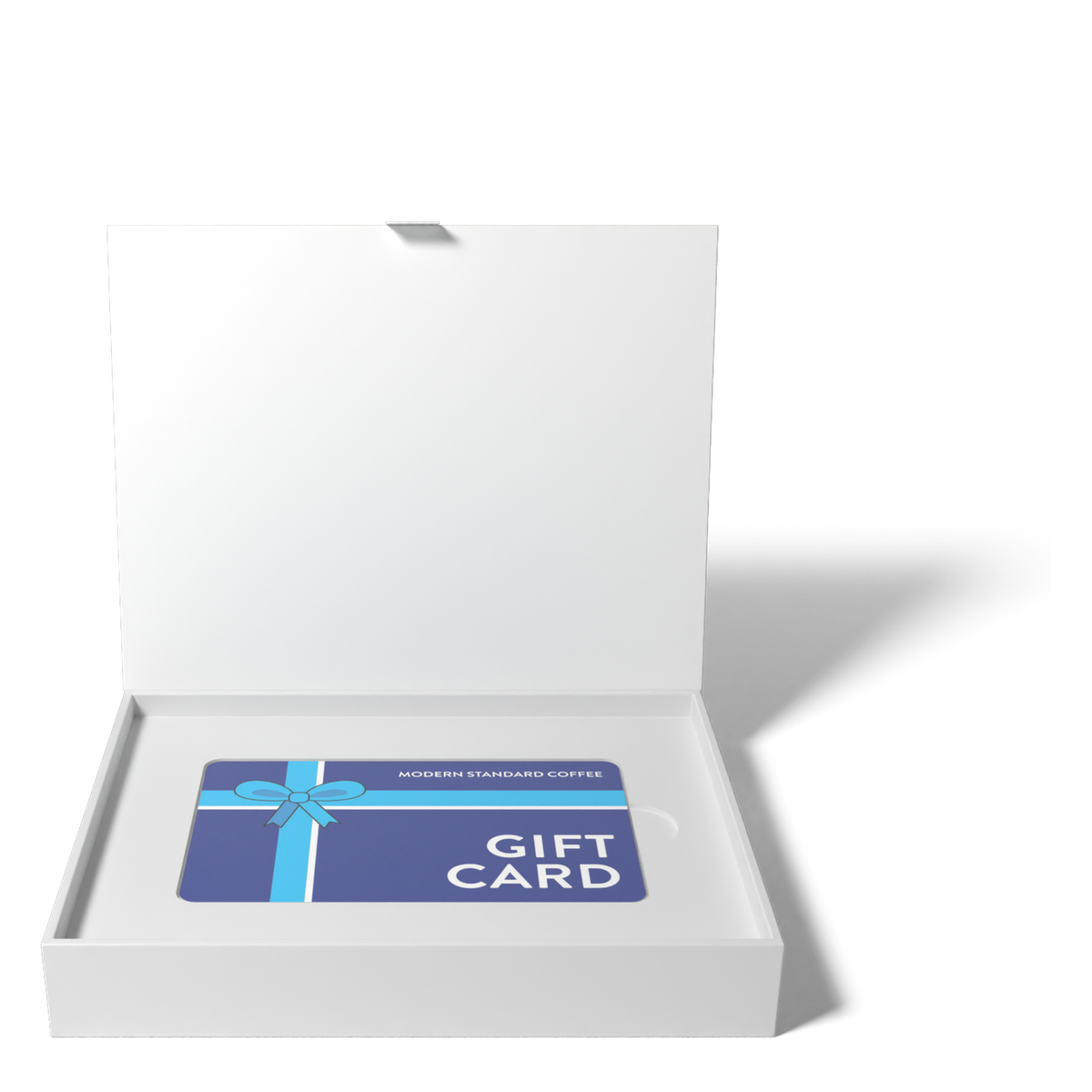 Front view of the open gift box with the gift card inside