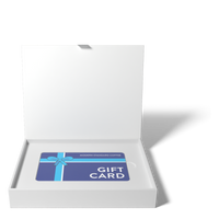 Front view of the open gift box with the gift card inside