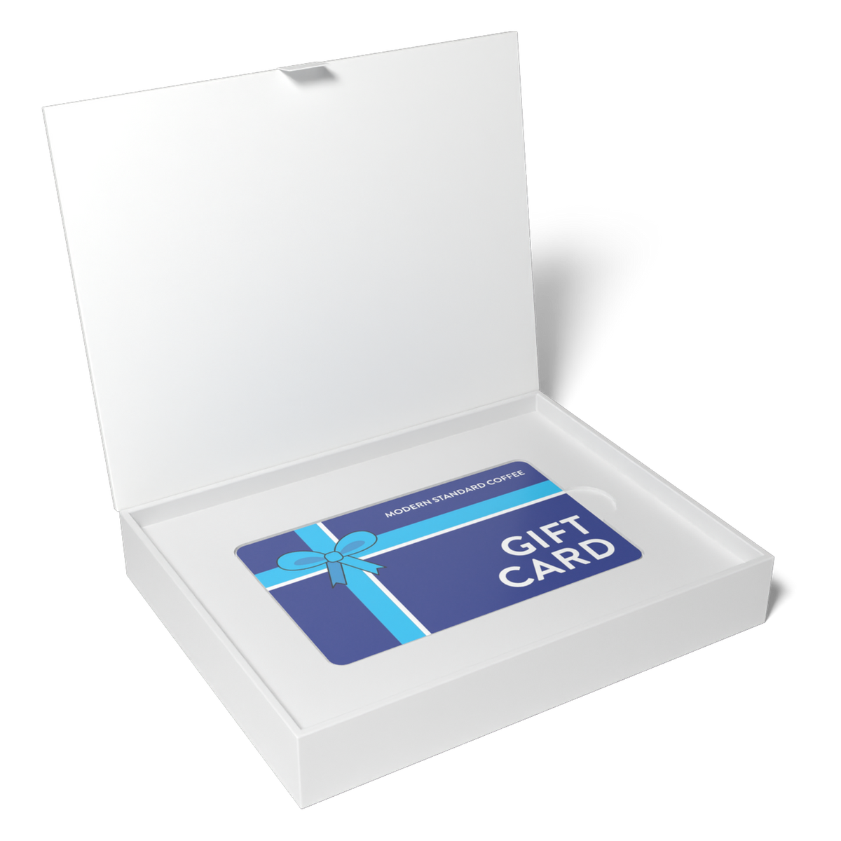 Open gift box with the gift card, seen from the right