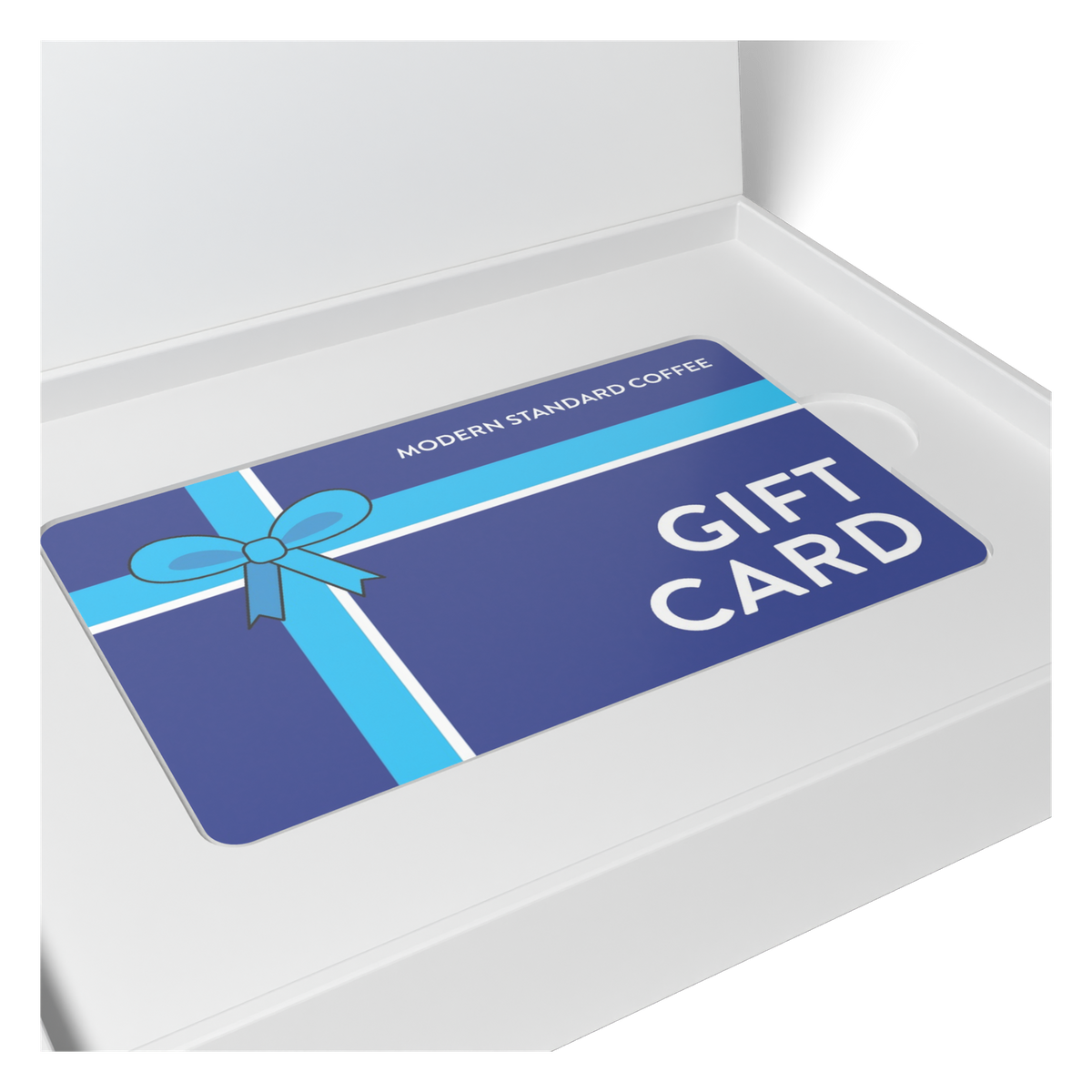 Close-up of the Modern Standard Coffee gift card in its box