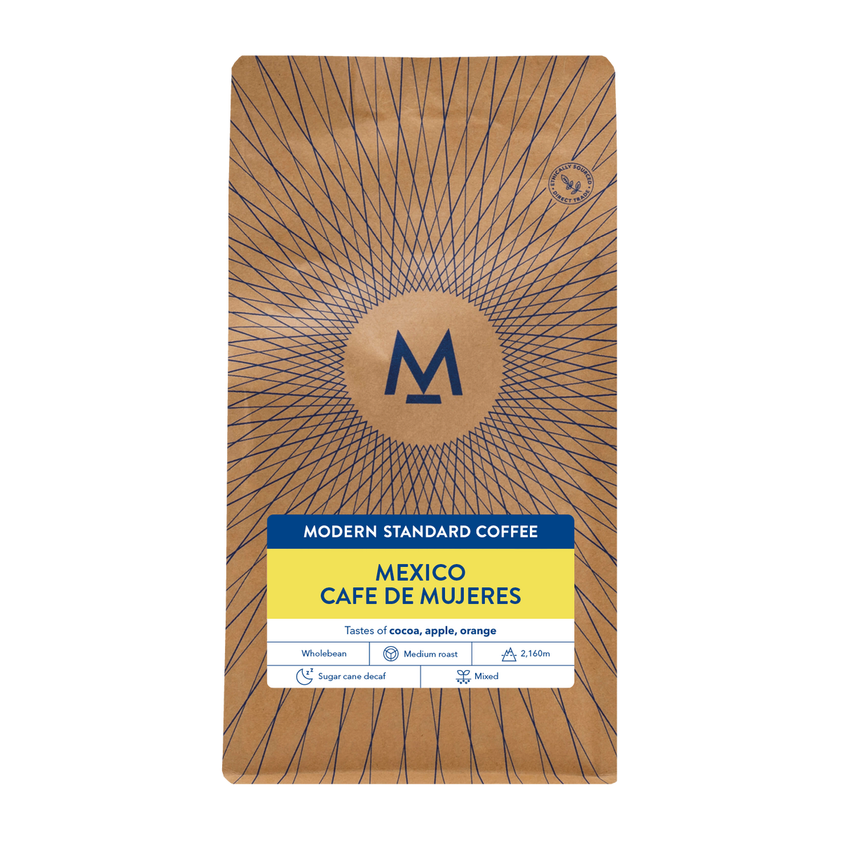 Cafe de Mujeres Mexico decaf coffee bag, front label with tasting notes