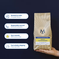 Hand holding a bag of Cafe de Mujeres decaf coffee against a navy background