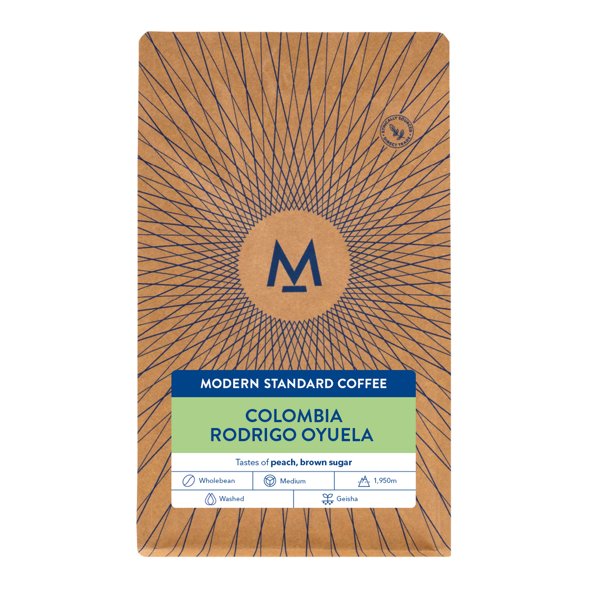 Rodrigo Oyuela Geisha coffee from Colombia in a flat-bottomed kraft bag
