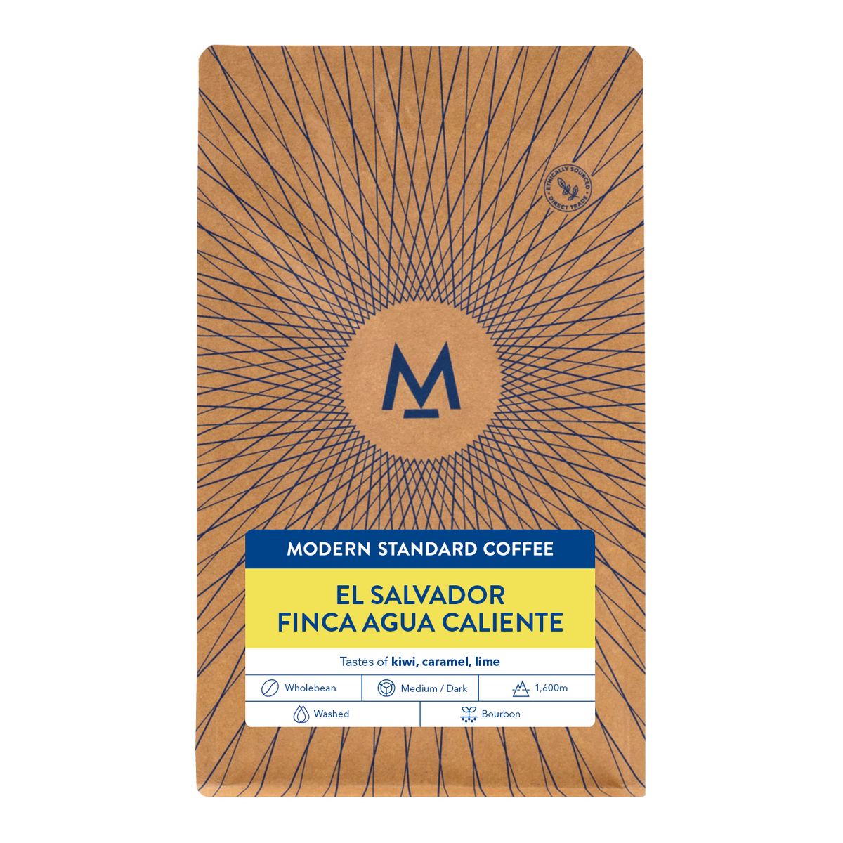 200g bag of El Salvador Finca Agua Caliente coffee, front label with tasting notes