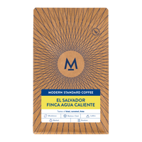 200g bag of El Salvador Finca Agua Caliente coffee, front label with tasting notes