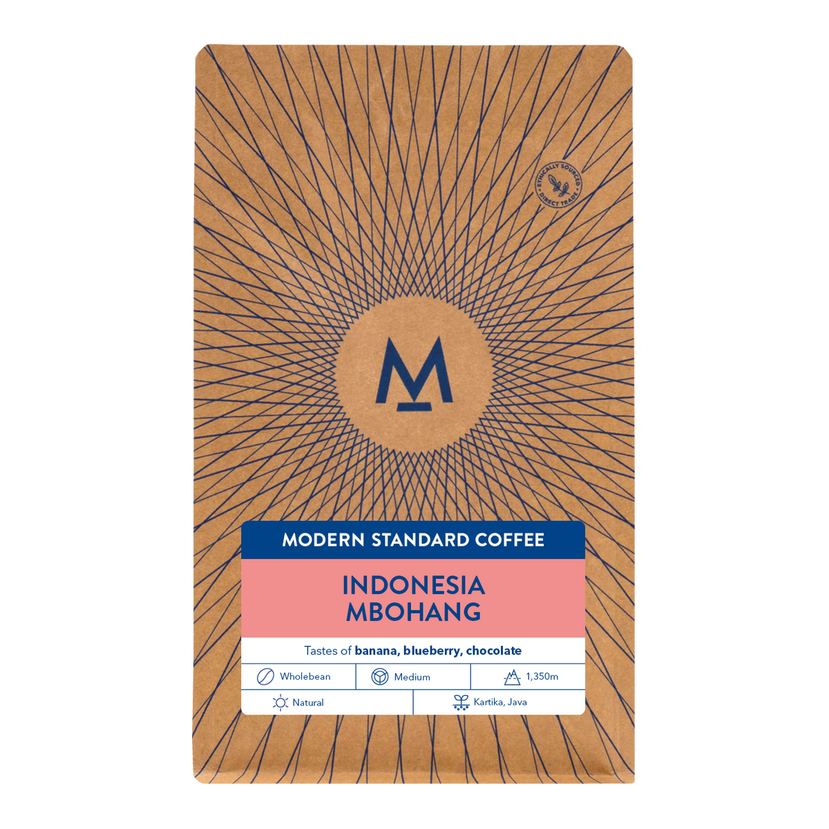 200g bag of Indonesia Mbohang natural coffee, front label with tasting notes