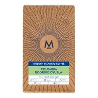 Rodrigo Oyuela Geisha Colombia coffee bag, front label with tasting notes