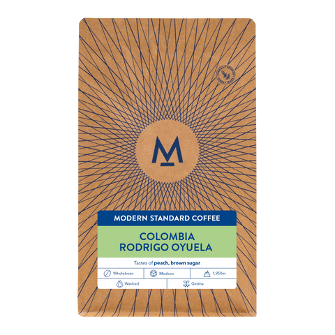 Rodrigo Oyuela Geisha Colombia coffee bag, front label with tasting notes