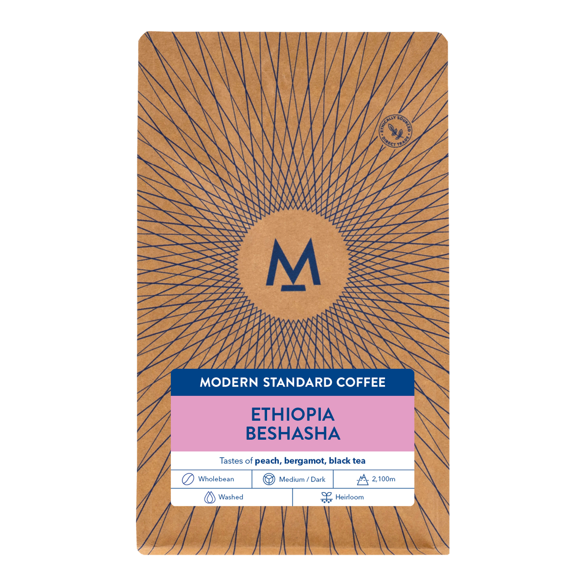 200g bag of Beshasha Ethiopia coffee, front label with tasting notes