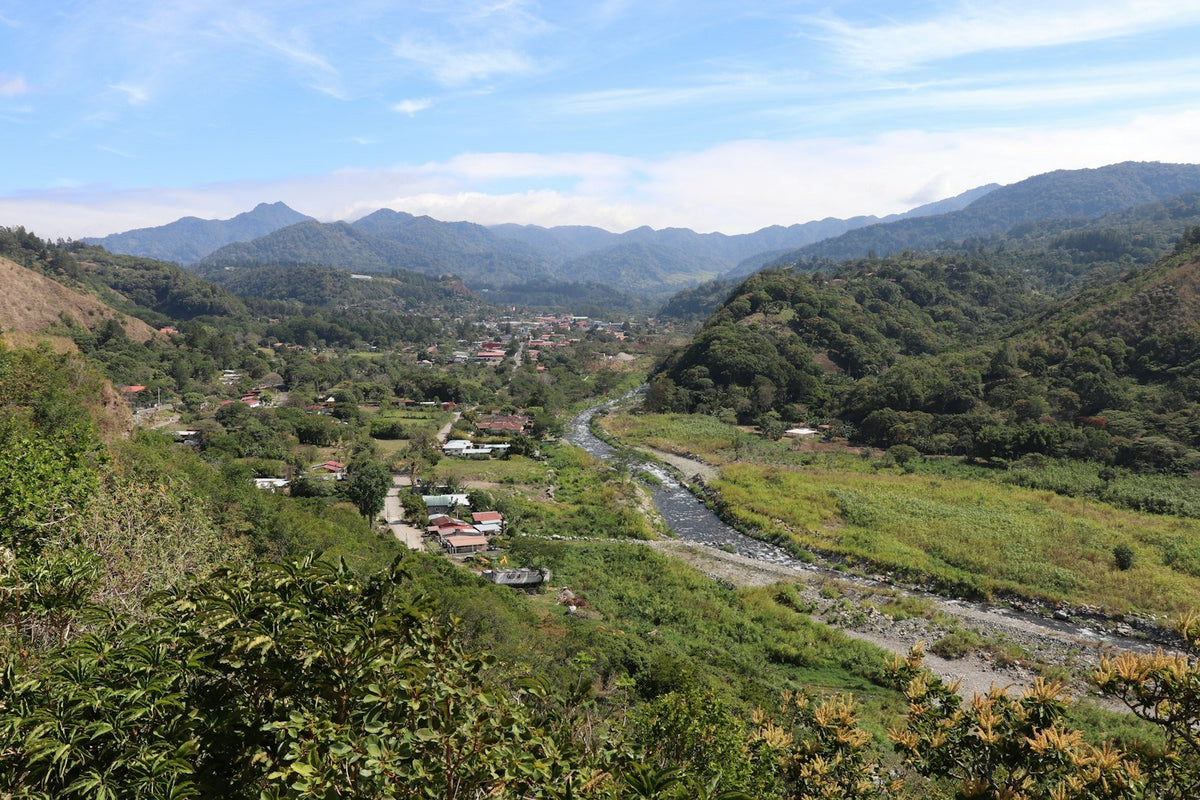 The green Boquete valley in Chiriquí, Panama, with the town and river below the mountains
