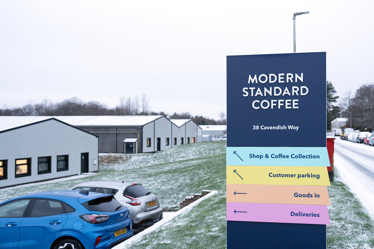 The Modern Standard Coffee sign outside the roastery on Cavendish Way, Glenrothes
