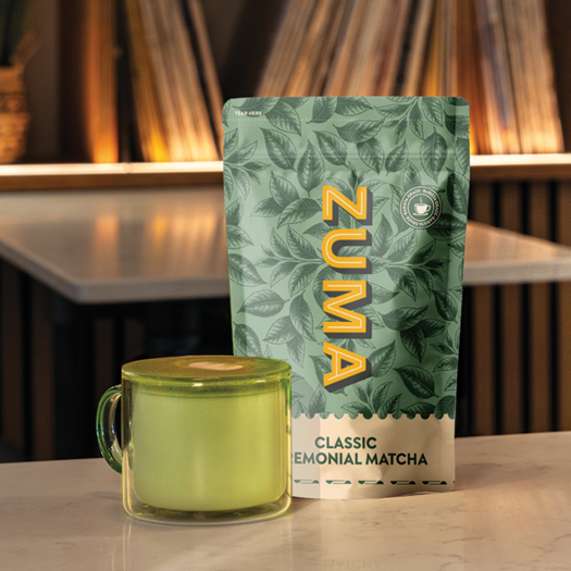 Zuma Classic Ceremonial Matcha pouch with a matcha latte