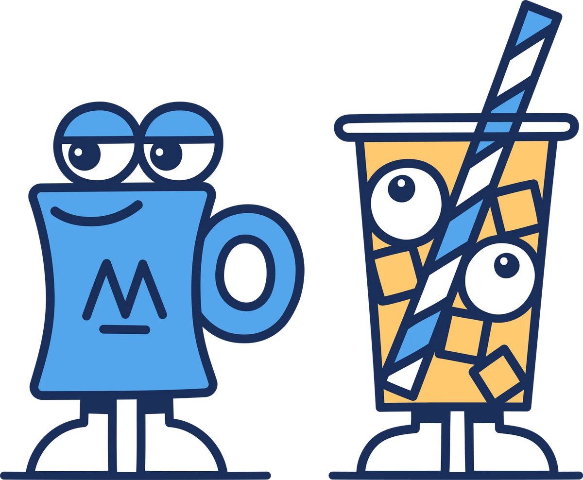 Mo, a round blue coffee mug, standing next to his taller, lankier pal Stan, an iced coffee cup with a striped straw