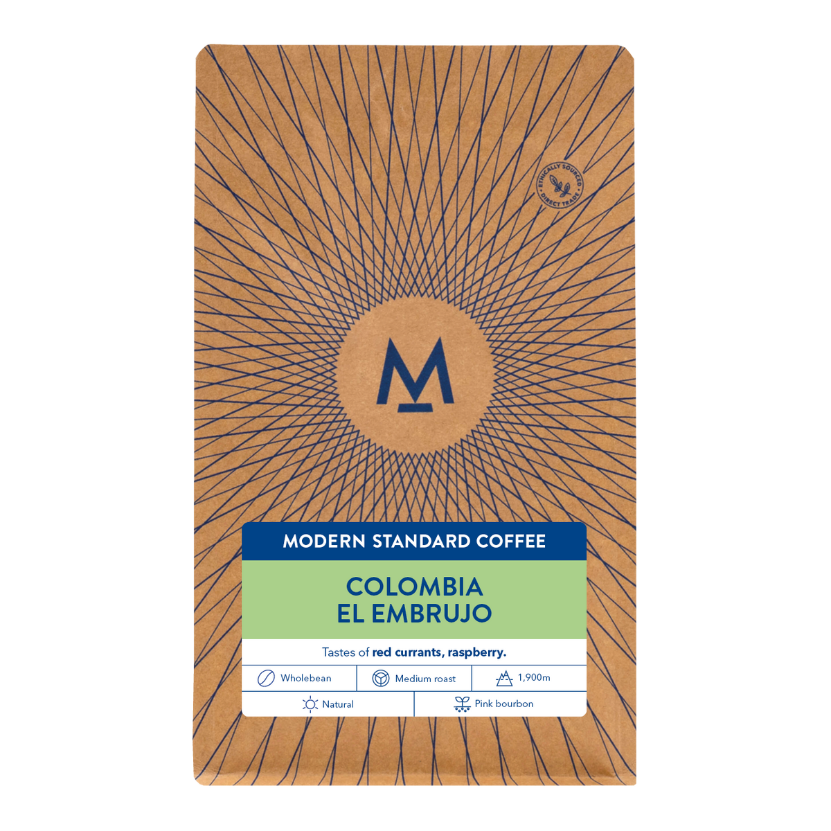 El Embrujo Colombia microlot coffee bag, front label with tasting notes